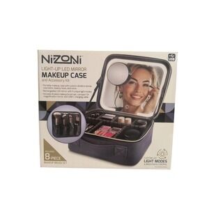 Nizoni Light-Up LED Mirror Makeup Case INCLUDES 8-Piece‎ Brush Accessory Kit BlK
